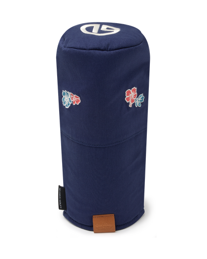 Straight Down Hibiscus Driver Headcover in Navy, front view featuring a navy driver headcover with embroidered red and blue hibiscus flower graphics, Straight Down logo on top, and leather patch at the base