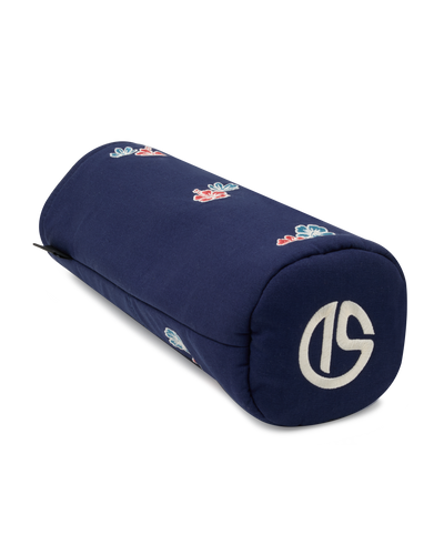 Straight Down Hibiscus Driver Headcover in Navy, front view featuring a navy driver headcover with embroidered red and blue hibiscus flower graphics, Straight Down logo on top, and leather patch at the base