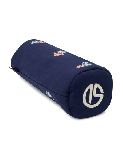 Straight Down Hibiscus Driver Headcover in Navy, front view featuring a navy driver headcover with embroidered red and blue hibiscus flower graphics, Straight Down logo on top, and leather patch at the base