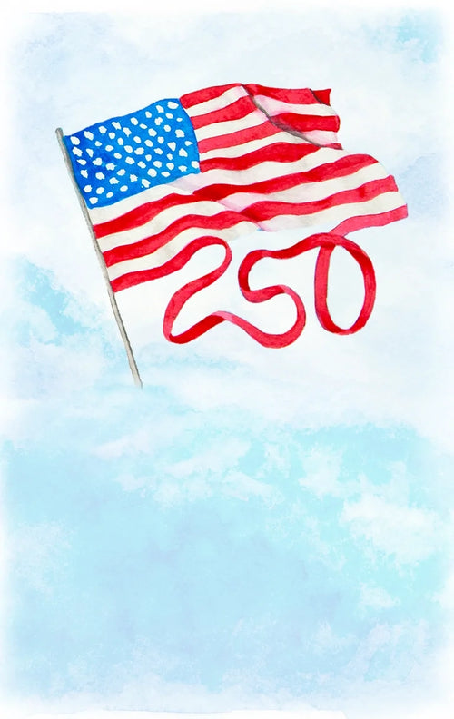 Watercolor illustration of a waving American flag with flowing red stripes forming the number 250 against a soft blue sky background