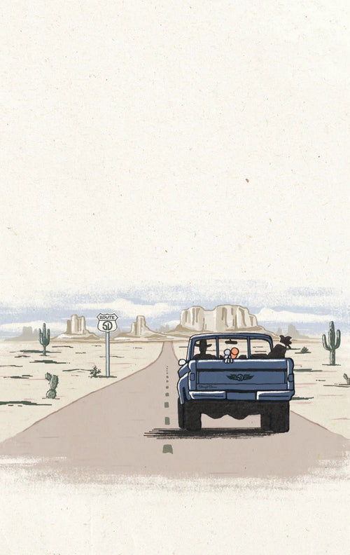 A stylized desert landscape illustration showing a blue pickup truck driving down a straight road toward distant rock formations, with cacti and a pale cream background.