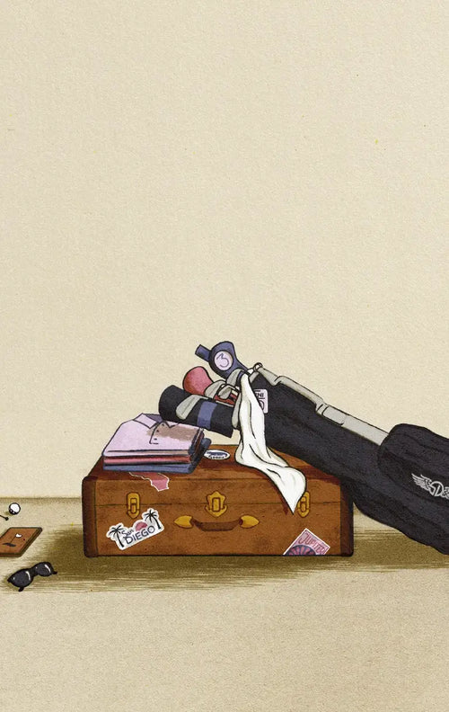A whimsical illustration of a brown suitcase with a golf bag on top, ready for a golf trip, set against a plain beige background.