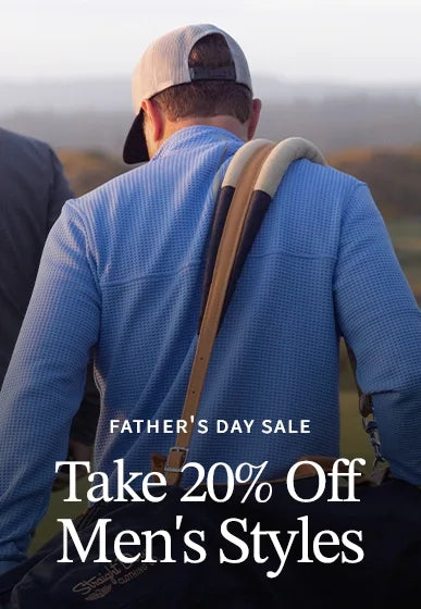 Rear view of a man walking on a golf course wearing an Optic Quarter Zip and carrying a golf bag, with Father's Day Sale text promoting 20% off men's styles