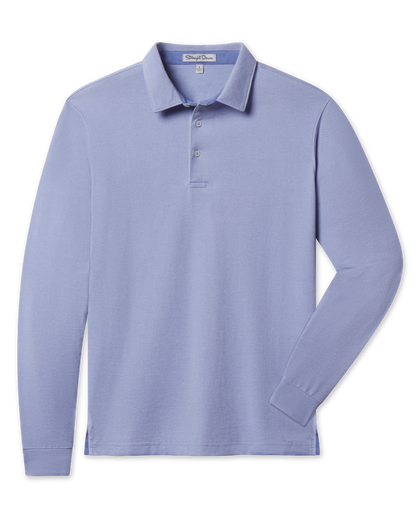 Cambridge Long Sleeve Polo in Chambray Blue with a classic collar, front flat lay view
