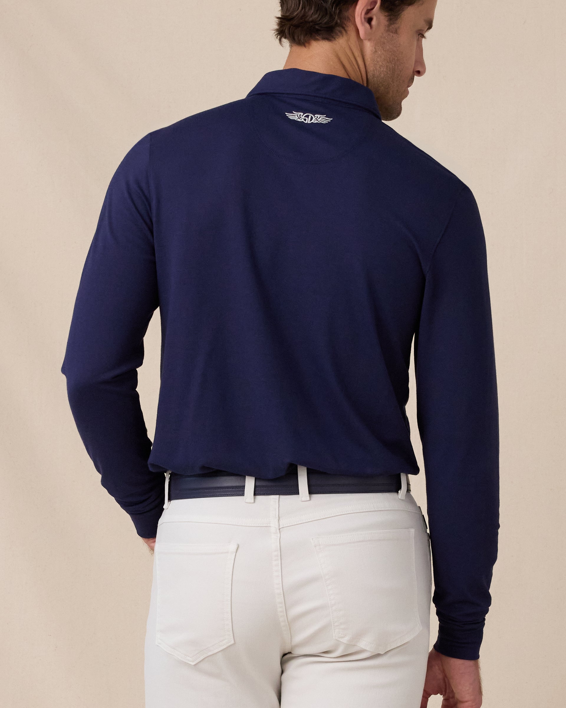 Back view of the Cambridge Long Sleeve Polo in New Indigo
