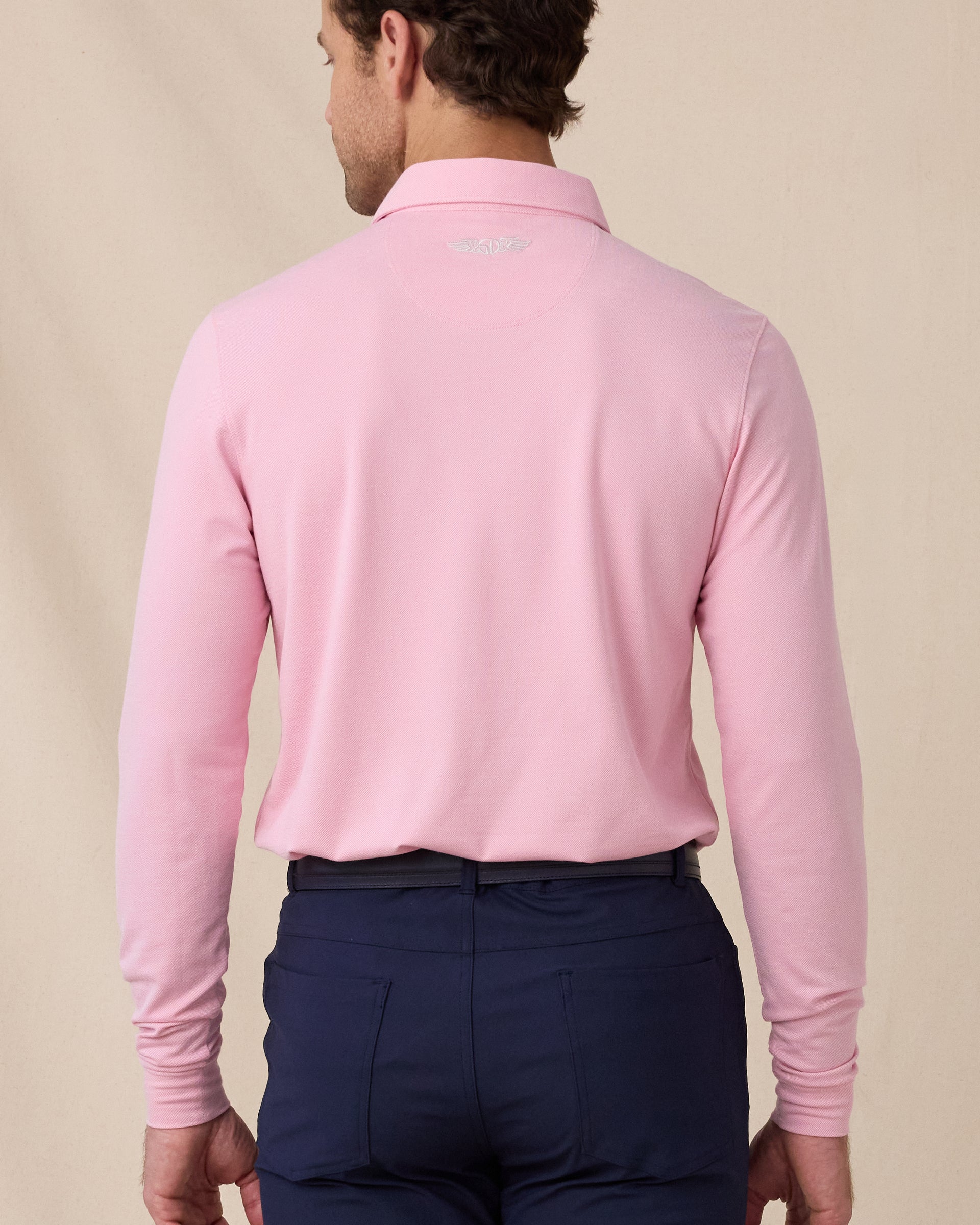 Back view of the Cambridge Long Sleeve Polo in Punch Pink