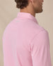 Close-up of the Cambridge Long Sleeve Polo in Punch Pink featuring the embroidered Straight Down logo at the back neck and oxford pique knit texture