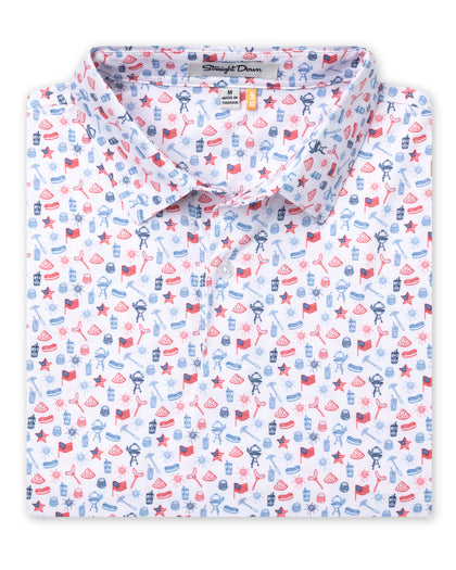 Grillin' Polo in White, folded flat lay front view featuring a white base with an all-over scattered print of American flags, watermelon, hot dogs, grills, and fireworks in red and blue tones