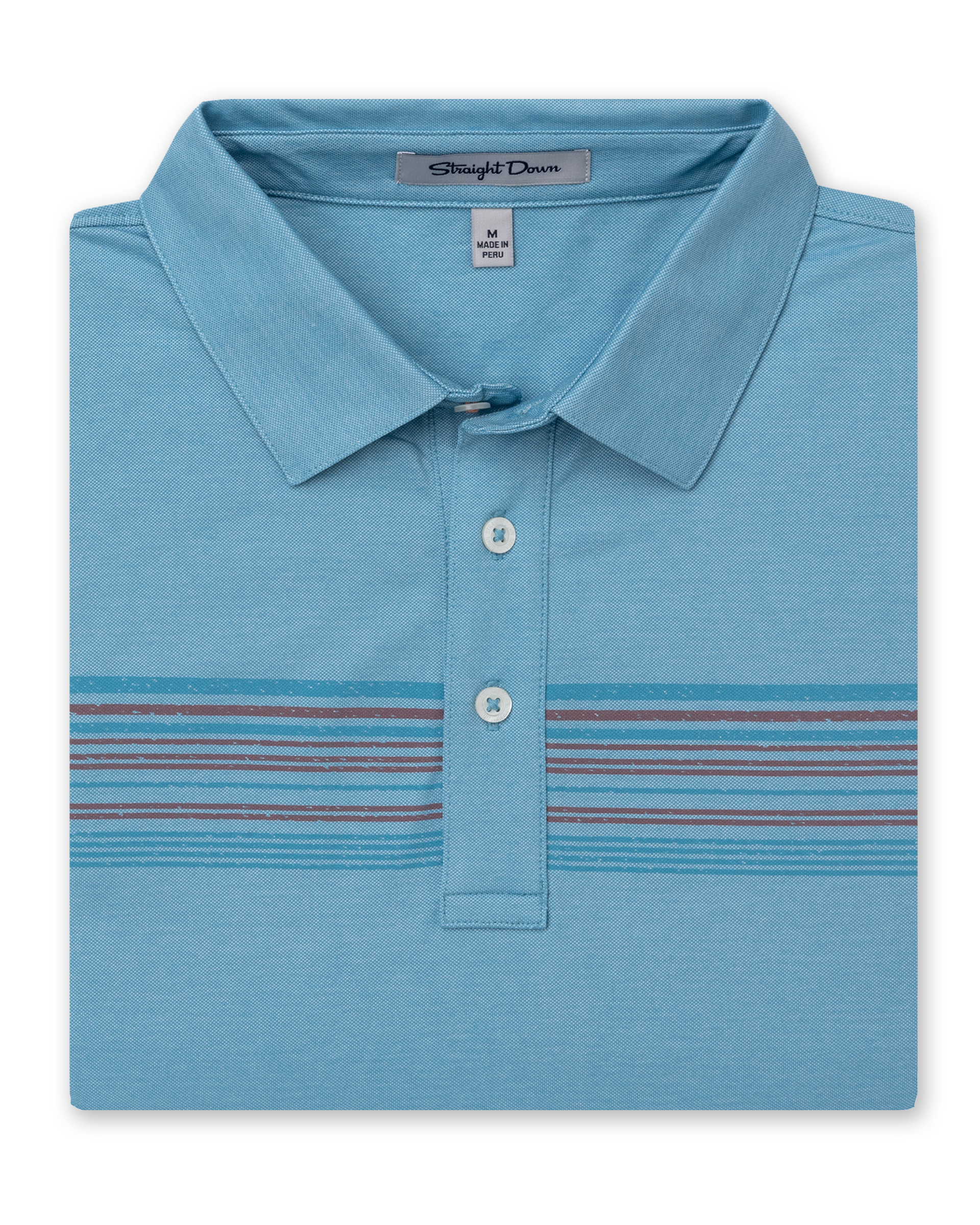Men's Comp Stripe Polo in Delphinium, folded flat lay front view featuring a light blue polo with tonal blue and burgundy chest stripes
