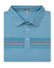 Men's Comp Stripe Polo in Delphinium, folded flat lay front view featuring a light blue polo with tonal blue and burgundy chest stripes