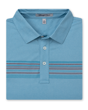 Men's Comp Stripe Polo in Delphinium, folded flat lay front view featuring a light blue polo with tonal blue and burgundy chest stripes