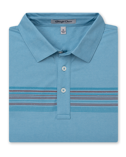Men's Comp Stripe Polo in Delphinium, folded flat lay front view featuring a light blue polo with tonal blue and burgundy chest stripes