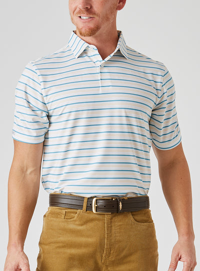 Men's Zuma Stripe Polo with White Base and Delphinium Blue & Soft Yellow Multi-Stripe Detailing, front view on model