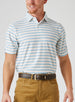 Men's Zuma Stripe Polo with White Base and Delphinium Blue & Soft Yellow Multi-Stripe Detailing, front view on model