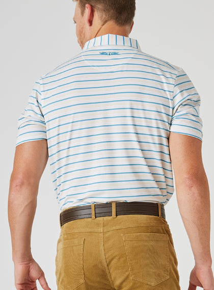 Men's Zuma Stripe Polo with White Base and Delphinium Blue & Soft Yellow Multi-Stripe Detailing, back view on model
