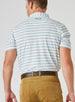 Men's Zuma Stripe Polo with White Base and Delphinium Blue & Soft Yellow Multi-Stripe Detailing, back view on model