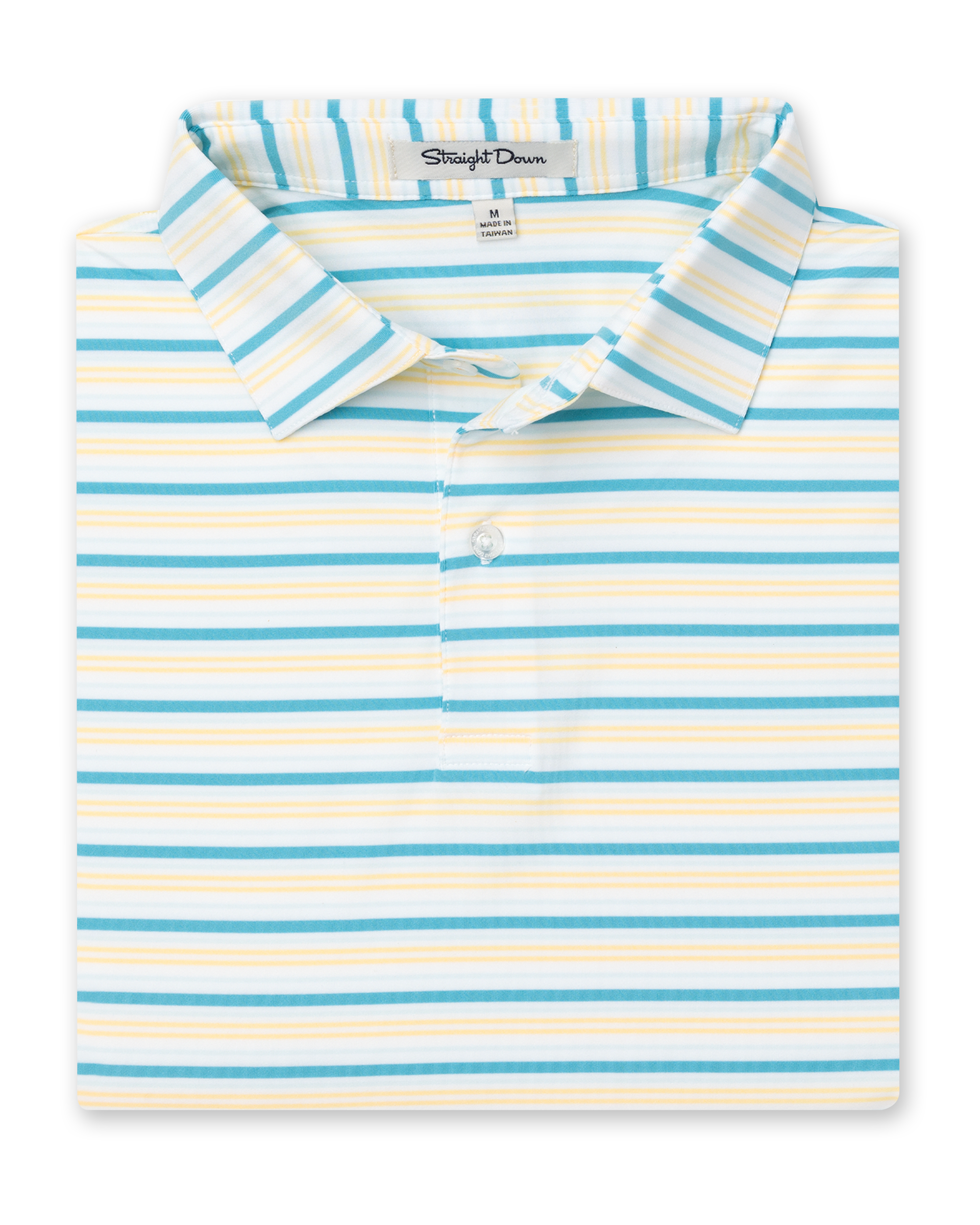 Men's Zuma Stripe Polo with White Base and Delphinium Blue & Soft Yellow Multi-Stripe Detailing, folded front view