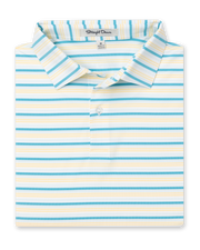 Men's Zuma Stripe Polo with White Base and Delphinium Blue & Soft Yellow Multi-Stripe Detailing, folded front view