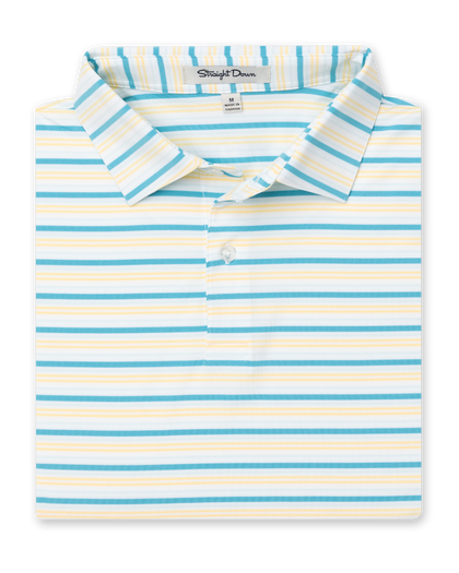 Men's Zuma Stripe Polo with White Base and Delphinium Blue & Soft Yellow Multi-Stripe Detailing, folded front view