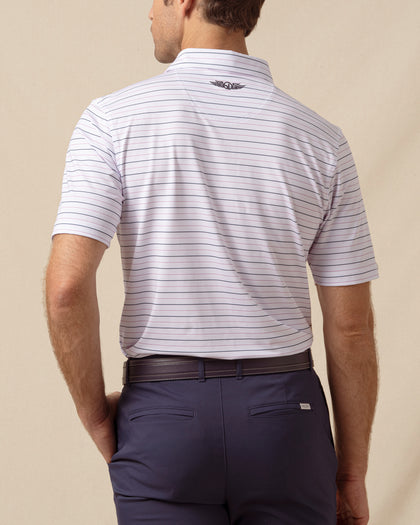Back view of men’s lilac polo with thin horizontal stripes and logo detail at the collar