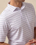 Close-up of men’s lilac striped polo showing fine horizontal stripes and structured collar