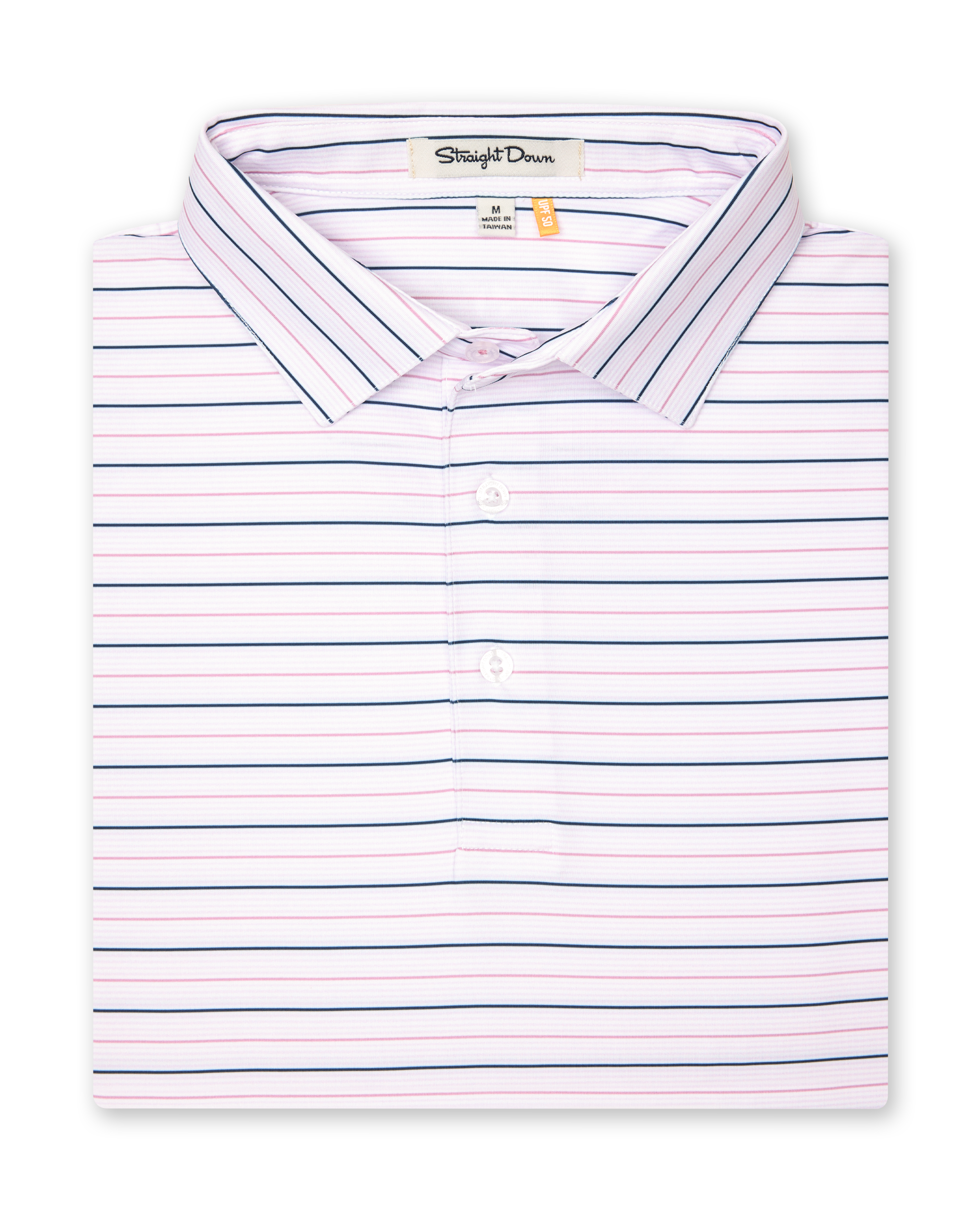 Key West Stripe Polo in lilac, folded view highlighting collar and stripe design