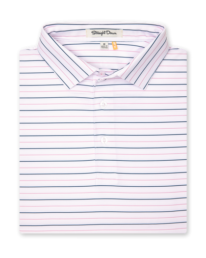 Key West Stripe Polo in lilac, folded view highlighting collar and stripe design