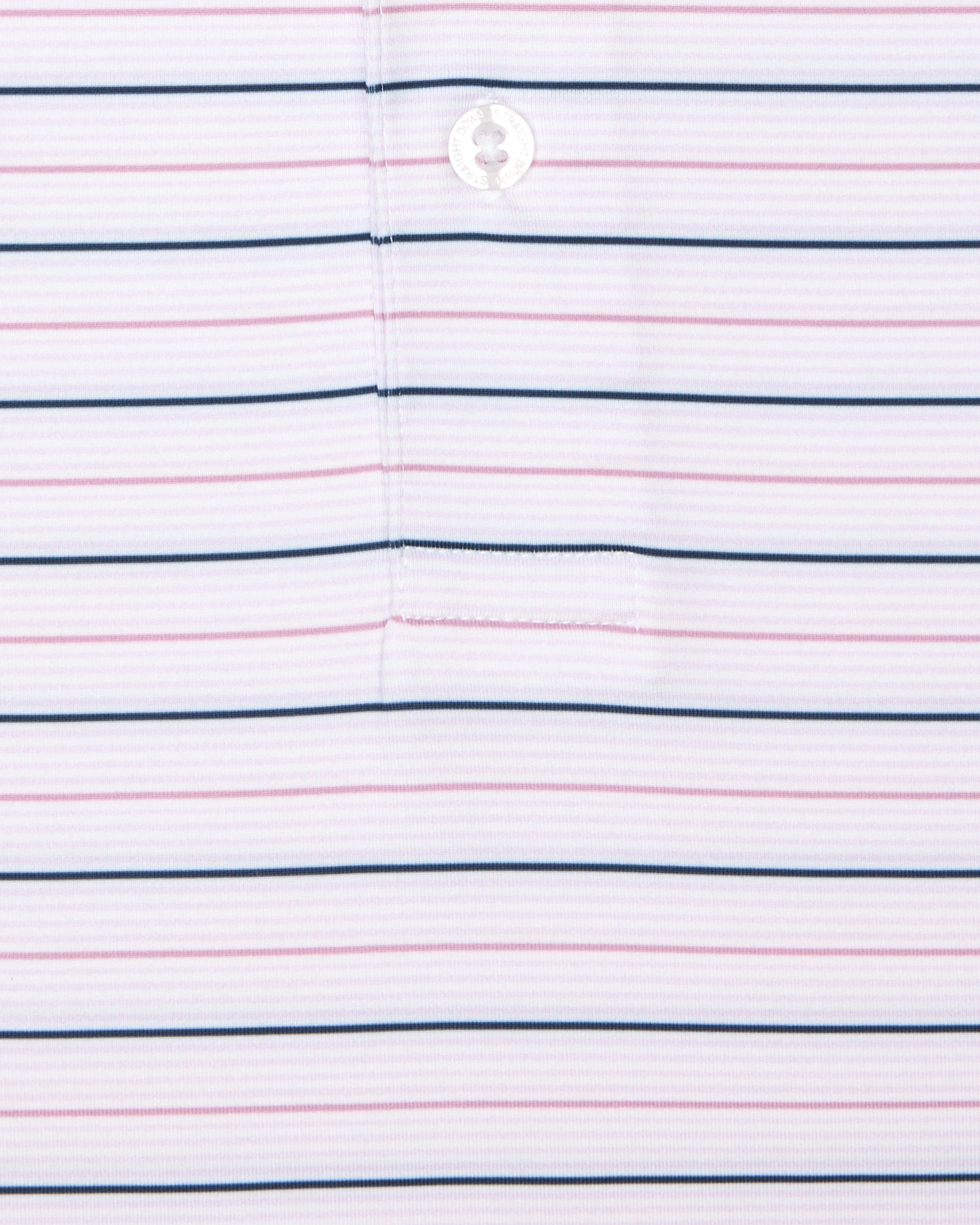 Key West Stripe Polo in lilac, close-up of four-color micro-stripe fabric and button detail