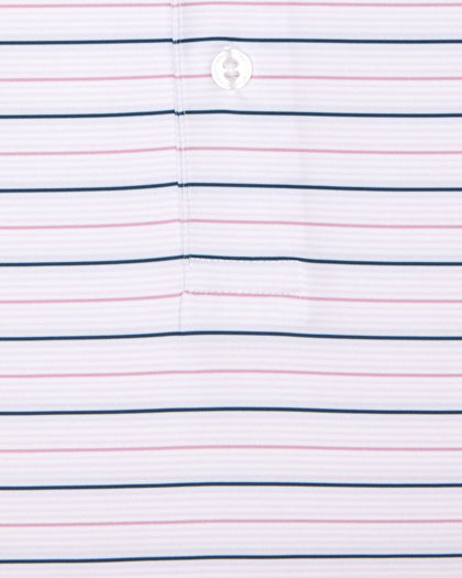 Key West Stripe Polo in lilac, close-up of four-color micro-stripe fabric and button detail