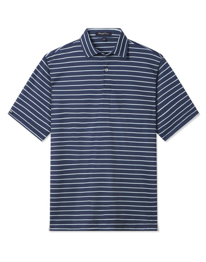 Men's Quintero Stripe Polo in Green Stone, flat lay front view featuring a navy base with light blue horizontal stripe pattern and a two-button placket