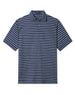 Men's Quintero Stripe Polo in Green Stone, flat lay front view featuring a navy base with light blue horizontal stripe pattern and a two-button placket
