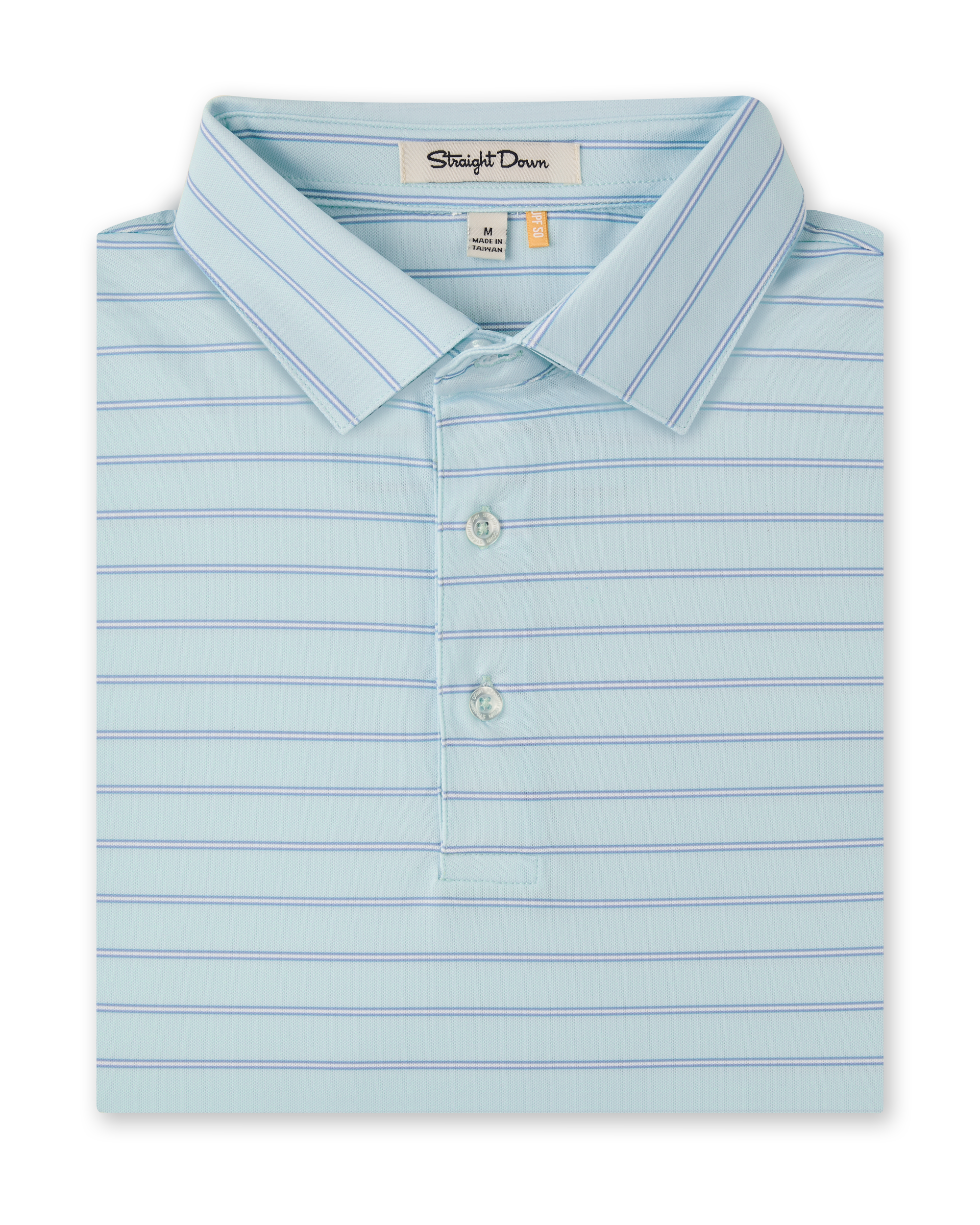 Folded Quintero Stripe Polo in Mint Tea with thin blue horizontal stripes and a three-button placket.