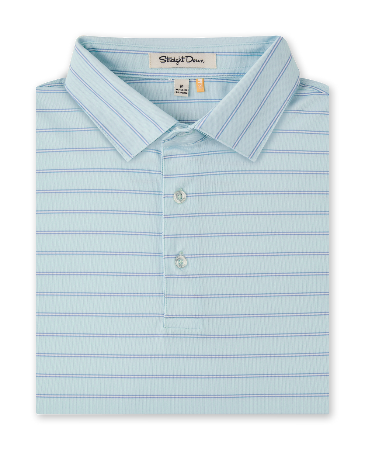 Folded Quintero Stripe Polo in Mint Tea with thin blue horizontal stripes and a three-button placket.