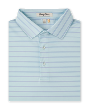 Folded Quintero Stripe Polo in Mint Tea with thin blue horizontal stripes and a three-button placket.