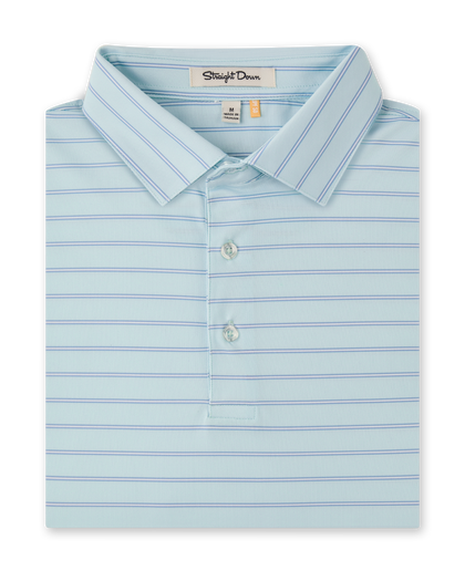 Folded Quintero Stripe Polo in Mint Tea with thin blue horizontal stripes and a three-button placket.