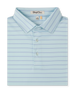 Folded Quintero Stripe Polo in Mint Tea with thin blue horizontal stripes and a three-button placket.