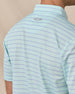 Close-up of the polo’s back collar, horizontal stripes and embroidered Straight Down logo.