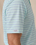 Close-up of the striped short sleeve with a Straight Down logo tab at the hem.