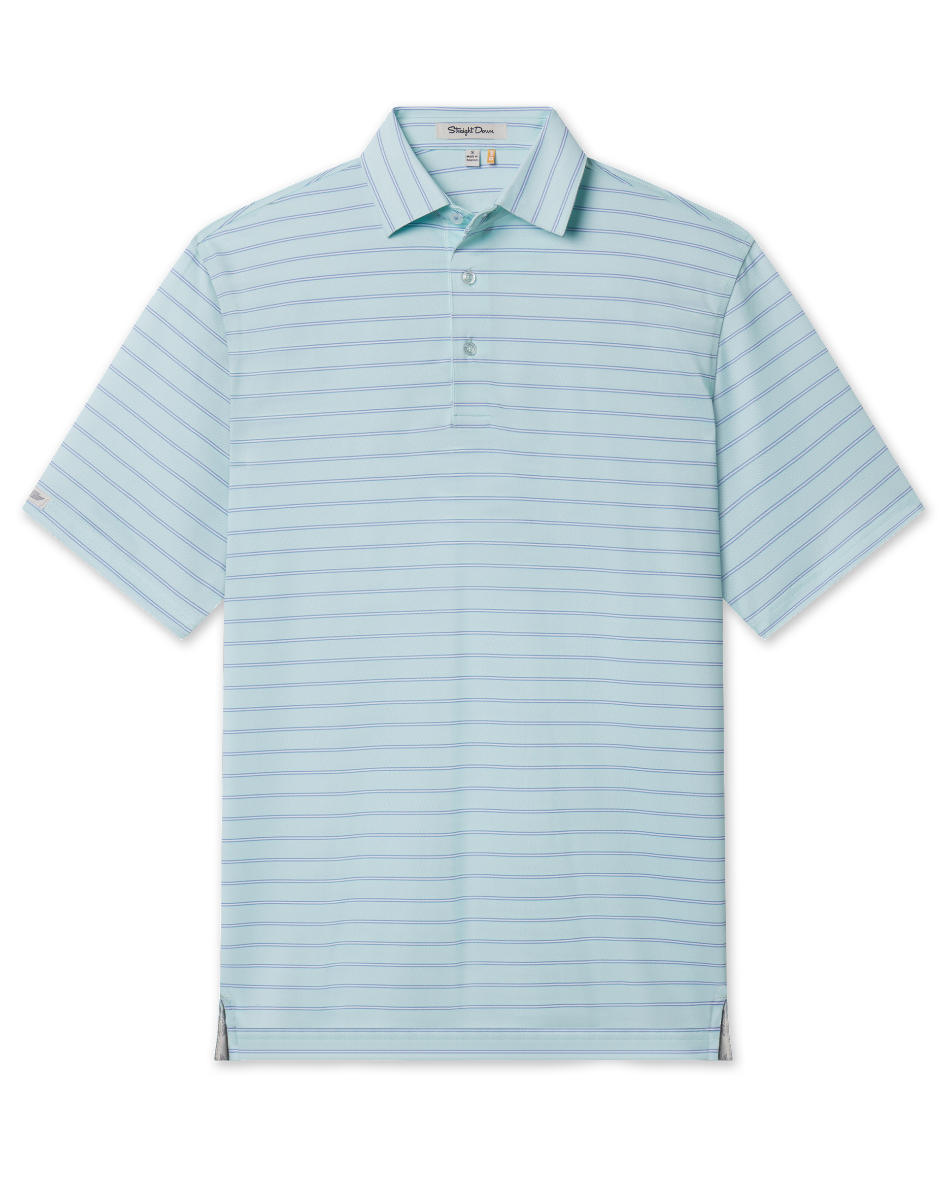 Quintero Stripe Polo in Mint Tea with thin blue stripes, short sleeves and a two-button placket.