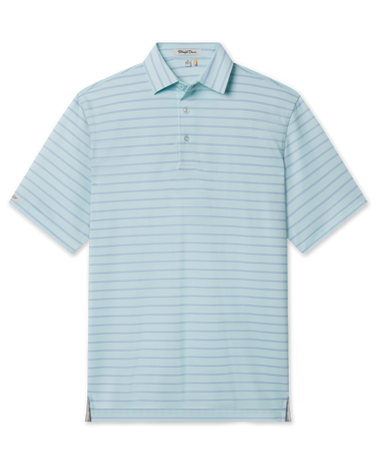 Quintero Stripe Polo in Mint Tea with thin blue stripes, short sleeves and a two-button placket.