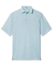 Quintero Stripe Polo in Mint Tea with thin blue stripes, short sleeves and a two-button placket.