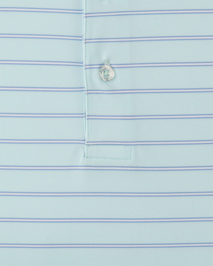Close-up of the Mint Tea fabric, thin blue stripes and branded button.