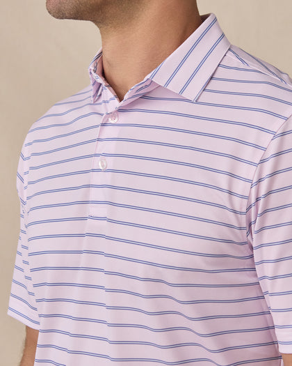 Close-up of the Quintero Stripe Polo in Lilac showcasing the self-fabric collar, horizontal stripes, and three-button placket