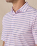 Close-up of the Quintero Stripe Polo in Lilac showcasing the self-fabric collar, horizontal stripes, and three-button placket