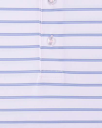 Quintero Stripe Polo in lilac with blue stripe detail, close-up view