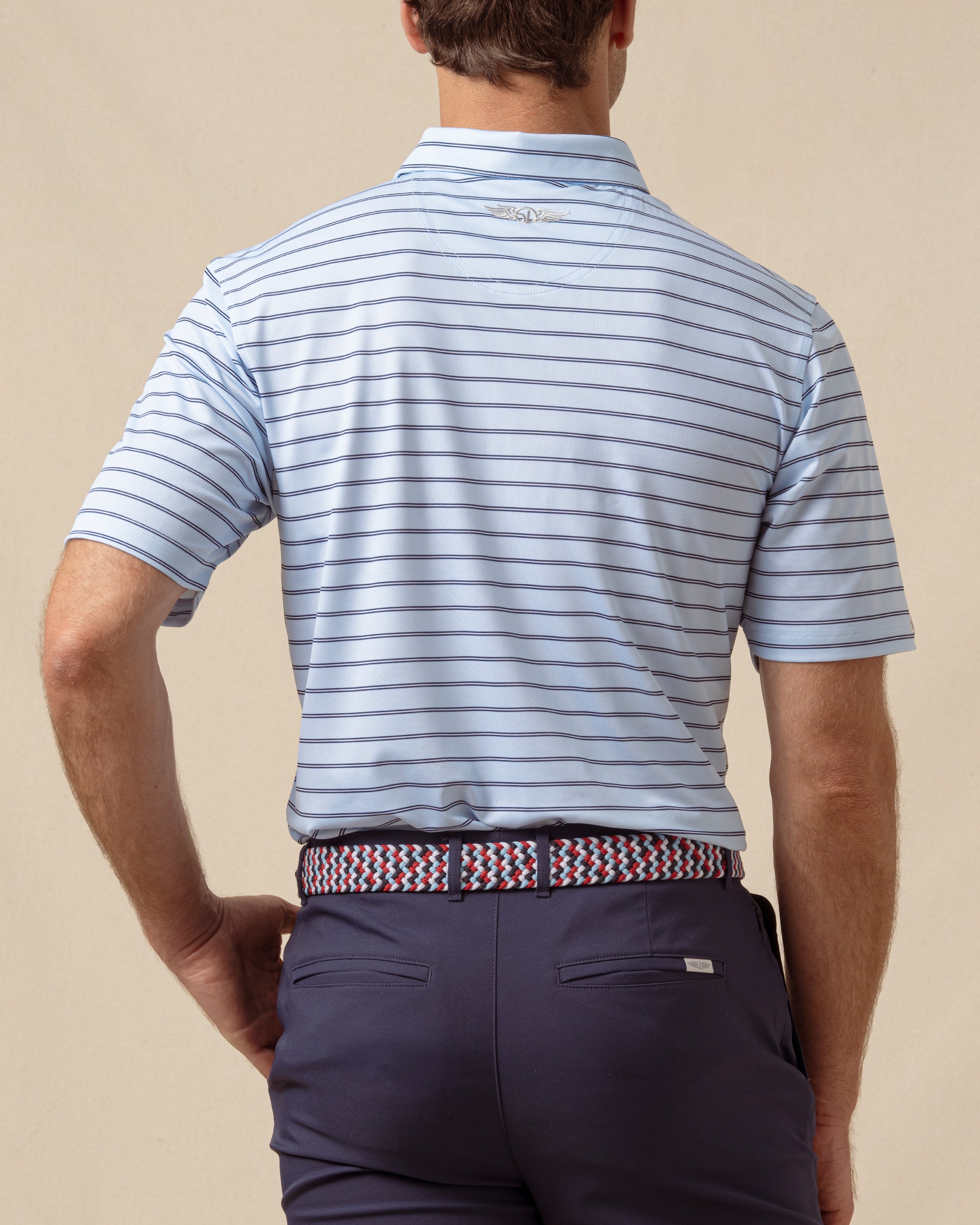 Quintero Stripe Polo in Nantucket Blue, back model view