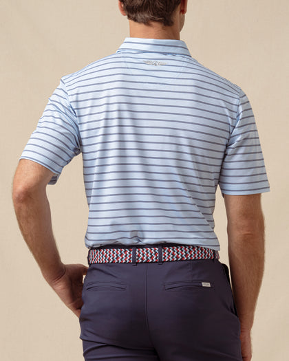 Quintero Stripe Polo in Nantucket Blue, back model view