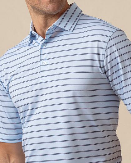 Quintero Stripe Polo in Nantucket Blue, collar detail close-up view