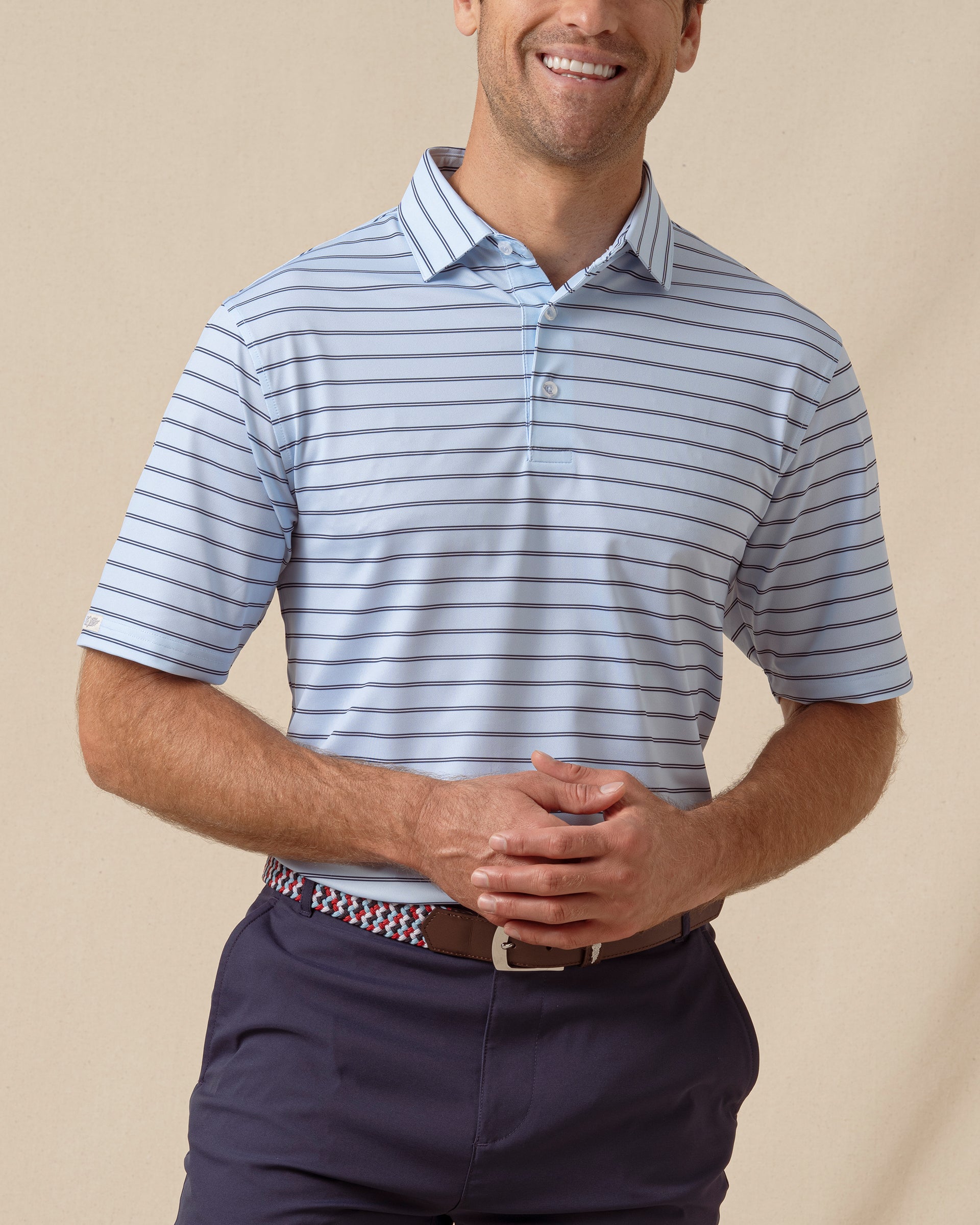 Quintero Stripe Polo in Nantucket Blue, front model view