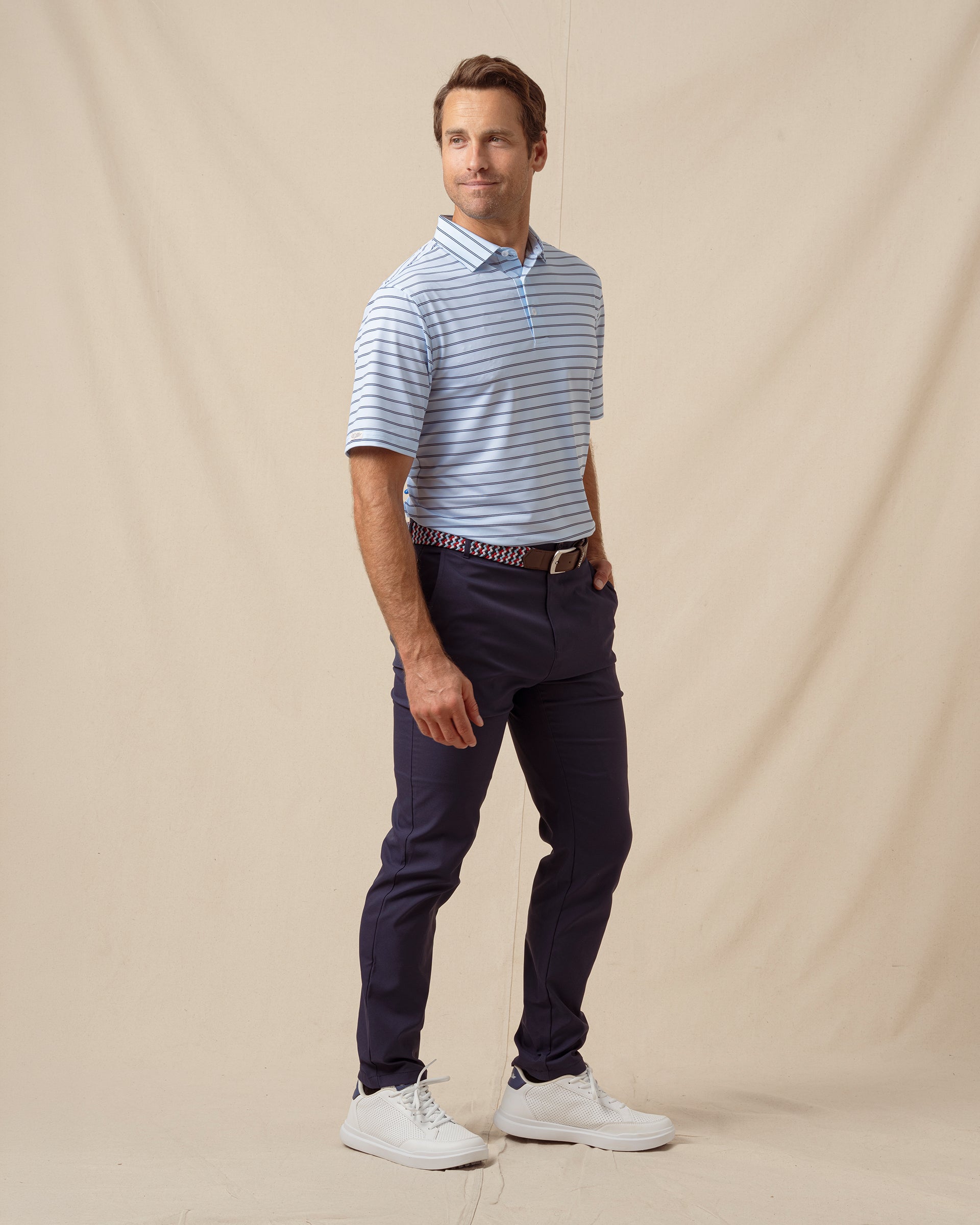 Quintero Stripe Polo in Nantucket Blue, full outfit model view styled with dark pants